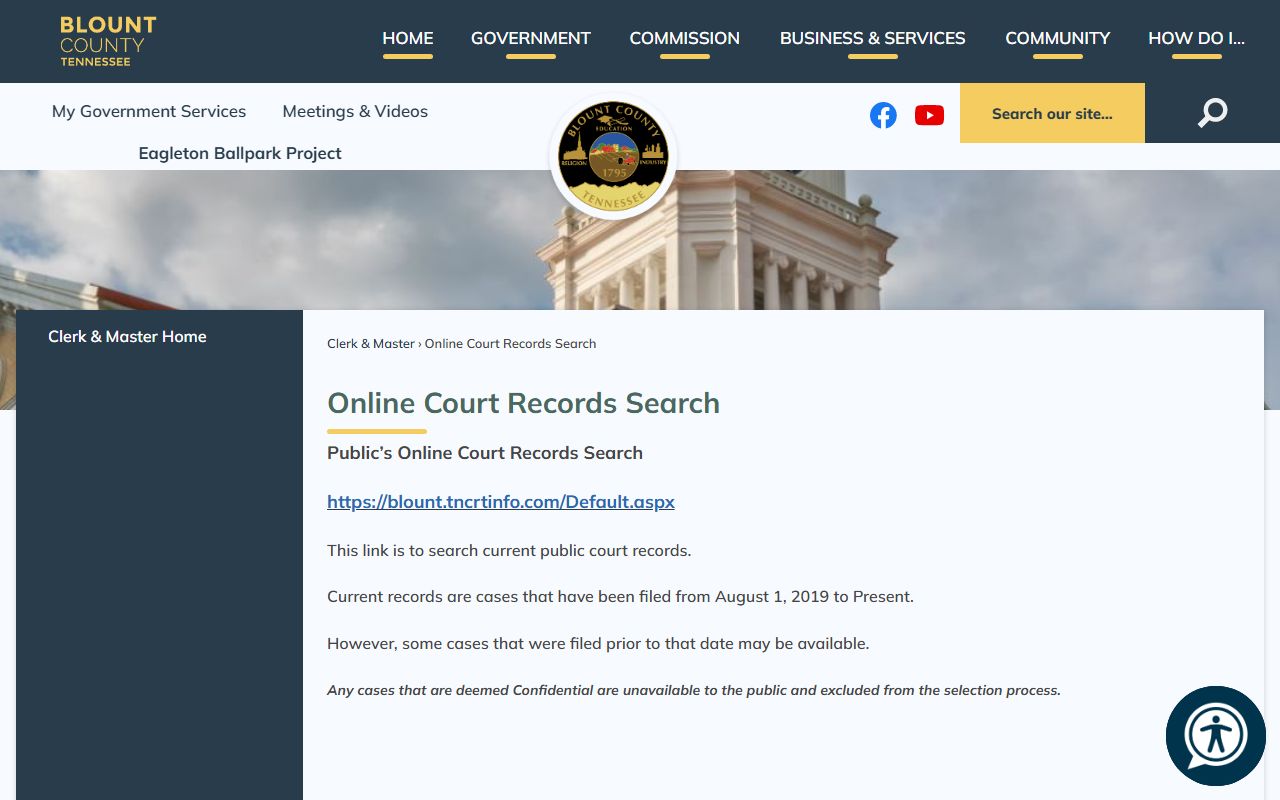Blount County online court records search page for traffic court records