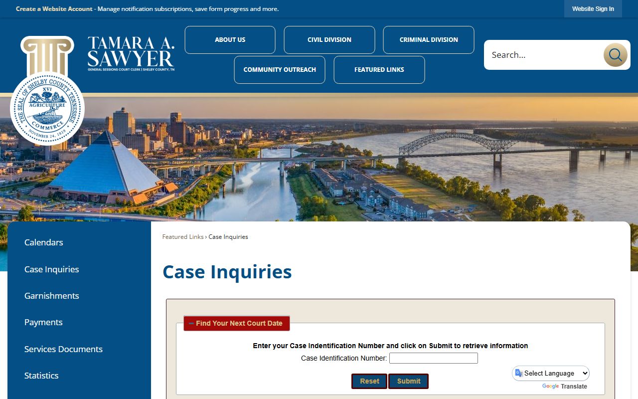 Shelby County Traffic Court Records case inquiry page