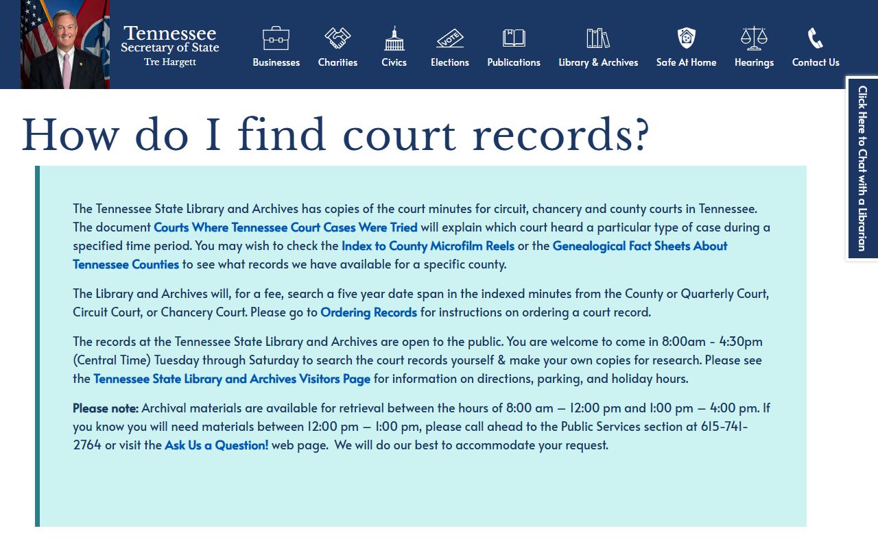 Tennessee State Library and Archives court records research for Tennessee traffic court records